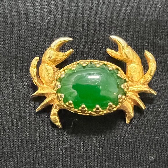 Vintage Crab Brooch Gold Tone Green Cabochon Cancer Zodiac Pin Costume Jewelry - Picture 2 of 11